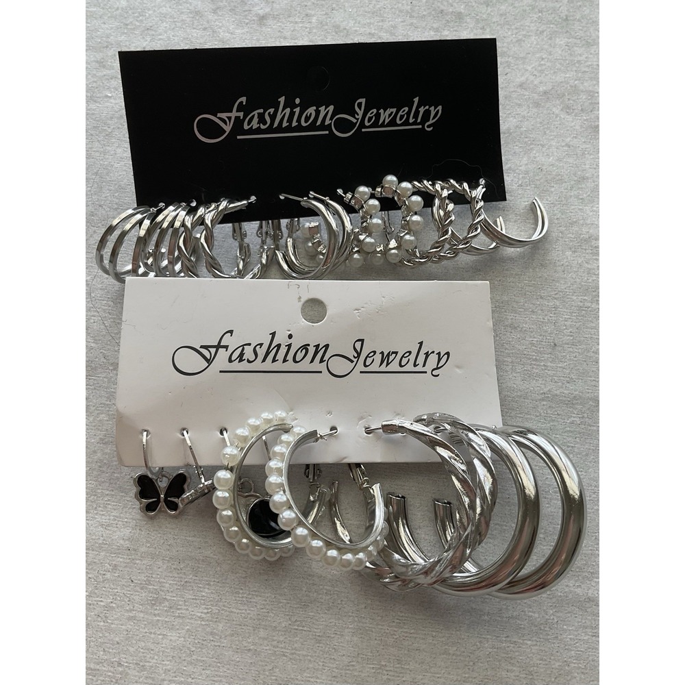 Large Lot Of Silver Tone Hoop Style Pierced Earrings Estate Jewelry